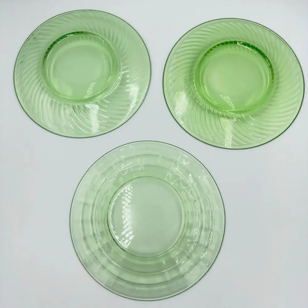 Anchor Hocking Green Depression Glass Swirl & Optic Luncheon 3pc Plate Set